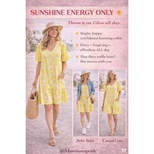 A New Day Yellow Floral V-Neck Ruffle Hem Shift Dress Womens Large Short Sleeve